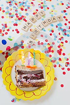 Birthday background with cake,hat,confetti