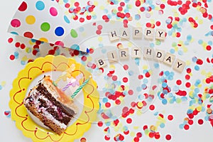 Birthday background with cake,hat,confetti