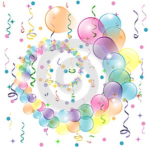Birthday background with colorful balloons and serpentine