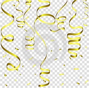 Birthday Background with Gold serpantine and Confetti on transparent background