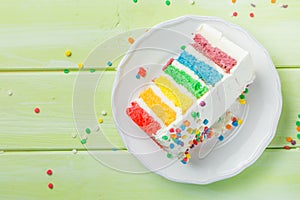 Birthday background - striped rainbow cake with white frosting
