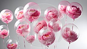 Birthday balloons filled with pink peony flowers.