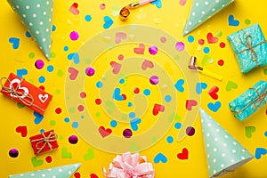 Birthday banner or background, gift, carnival cap, confetti. Flat style. Copy space for greeting text.