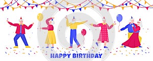 Birthday banner with elderly people dancing, flat vector illustration isolated.