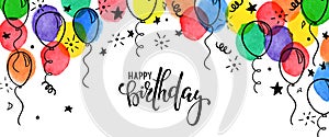 Birthday banner. frame hand drawn cartoon watercolor balloons symbols of birthday party. design holiday greeting card and