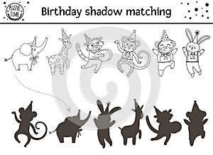 Birthday black and white shadow matching activity for children. Fun outline puzzle with cute animals in party hats. Holiday line