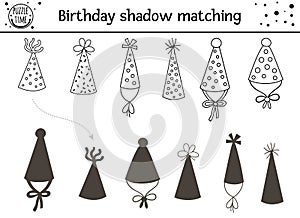 Birthday black and white shadow matching activity for children. Fun outline puzzle with cute party hats. Holiday celebration game