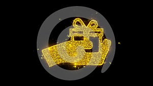 Birthday, box, gift, giftbox, hand, give icon sparks particles on black background.