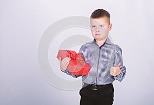 Birthday boy. Buy gifts. Child little boy hold gift box. Christmas or birthday gift. Holiday shopping seasonal sale
