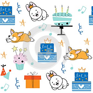 Birthday cake and animals on a white background seamless pattern. Cute dog corgi and bunny vector flat style