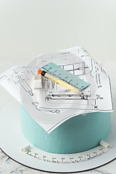 Birthday cake for an architect with floor plans. Cake for an engineer with blueprints made of edible sugar paper and fondant