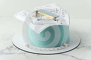 Birthday cake for an architect with floor plans. Cake for an engineer with blueprints made of edible sugar paper and fondant