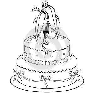 Birthday cake with ballet shoes. Vector black and white coloring page