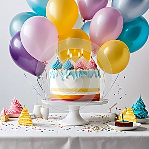 birthday cake, balloons and confetti, cake and balloons in white table, vector illustration, aesthetically pleasing, generative AI