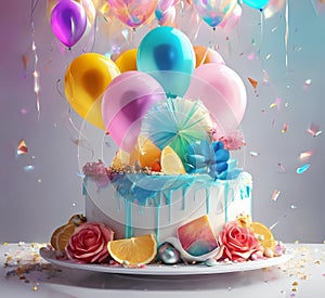 birthday cake, balloons, confetti, white table, broken glass effect, vector illustration, aesthetically pleasing, generative AI