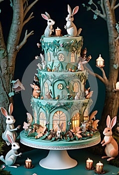 a birthday cake with bunnies and trees on it