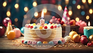 Birthday cake with burning candle on wooden table against blurred lights background. Generative Ai.