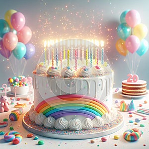 Birthday cake with burning candles, balloons and confetti, pastel trendy colors, childish birthday concept