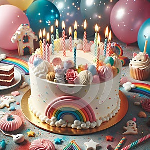 Birthday cake with burning candles, balloons and confetti, pastel trendy colors, childish birthday concept