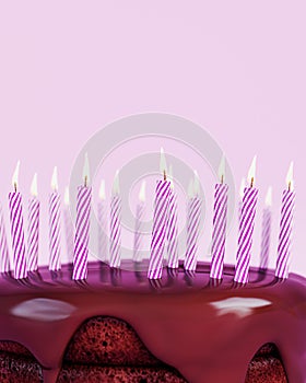 Birthday cake with burning candles on pink background