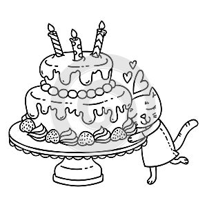 Birthday cake with candle and cute cat. Isolated objects on white background. Vector illustration. Coloring page.