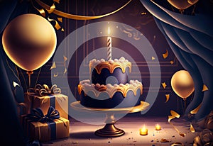 Birthday cake with candle, gold balloons and gift boxes around it on a purple background. Created with Generative AI