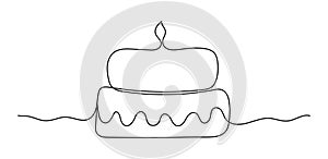 Birthday cake with candle in one line art. Symbol of celebration. Black Continuous editable stroke isolated on white background.