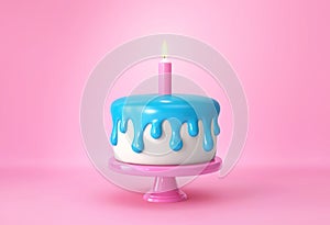 Birthday cake with candle on pink background