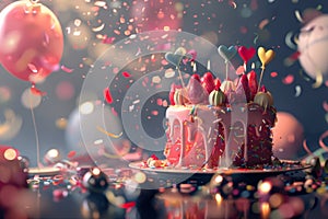 Birthday Cake With Candles and Balloons. Generative AI