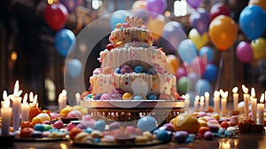 birthday cake with candles and balloons, ideal for celebration and party