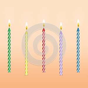 Birthday cake candles with burning flames, vector illustration. Color set