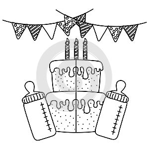 Birthday cake with candles and feeding bottles black and white
