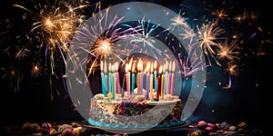 Birthday cake with candles and fireworks -, concept of Celebration