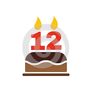 The birthday cake with candles in the form of number 12 icon. Birthday symbol. Flat