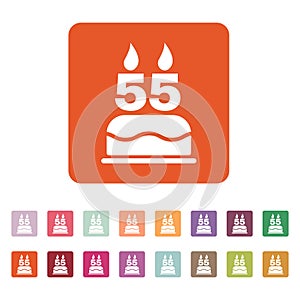 The birthday cake with candles in the form of number 55 icon. Birthday symbol. Flat