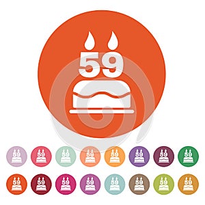 The birthday cake with candles in the form of number 59 icon. Birthday symbol. Flat