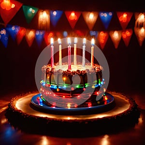 Birthday cake with candles, glowing long exposure photo with light streaks