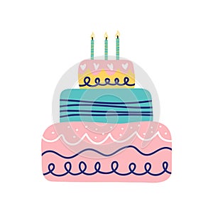 Birthday cake with candles. Hand drawn vector illustration for card, banner, t shirt EPS