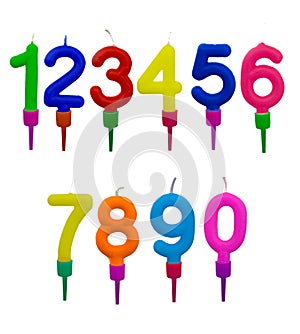 Birthday cake candles in holders, numbers, isolated on white
