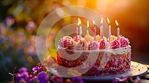 A birthday cake with candles lit in the sun