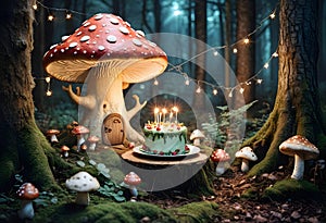 a birthday cake with candles and a mushroom in the woods