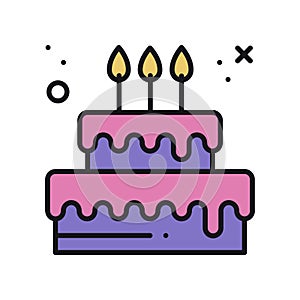 Birthday cake with candles. Pie dessert sign and symbol. Happy birthday. Illustration. Congratulation. Vector linear