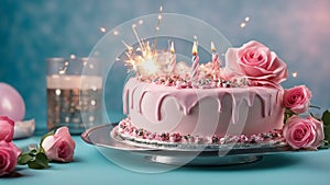 birthday cake with candles _A realistic scene of a birthday cake with roses and a sparkler on a white plate. The cake is round