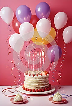birthday cake with candles, ribbons and balloons on pink background