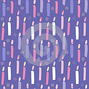 Birthday cake candles seamless pattern. Flat vactor illustration for Presents and gifts festive wrapping paper. Multicolor burning