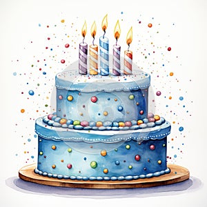 Birthday cake with candles on a white background . Watercolor illustration