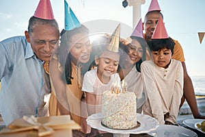 Birthday cake, children and senior family in summer for group celebration, party and grandparents love and care. Happy
