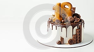 Torta di compleanno cioccolato gocce decorato cioccolato biscotti. Contento 18 anni vecchio 