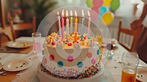 Birthday cake with colorful candles and decorations on a festive table