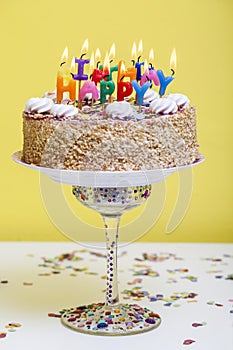 Birthday cake with colorful happy birthday candles